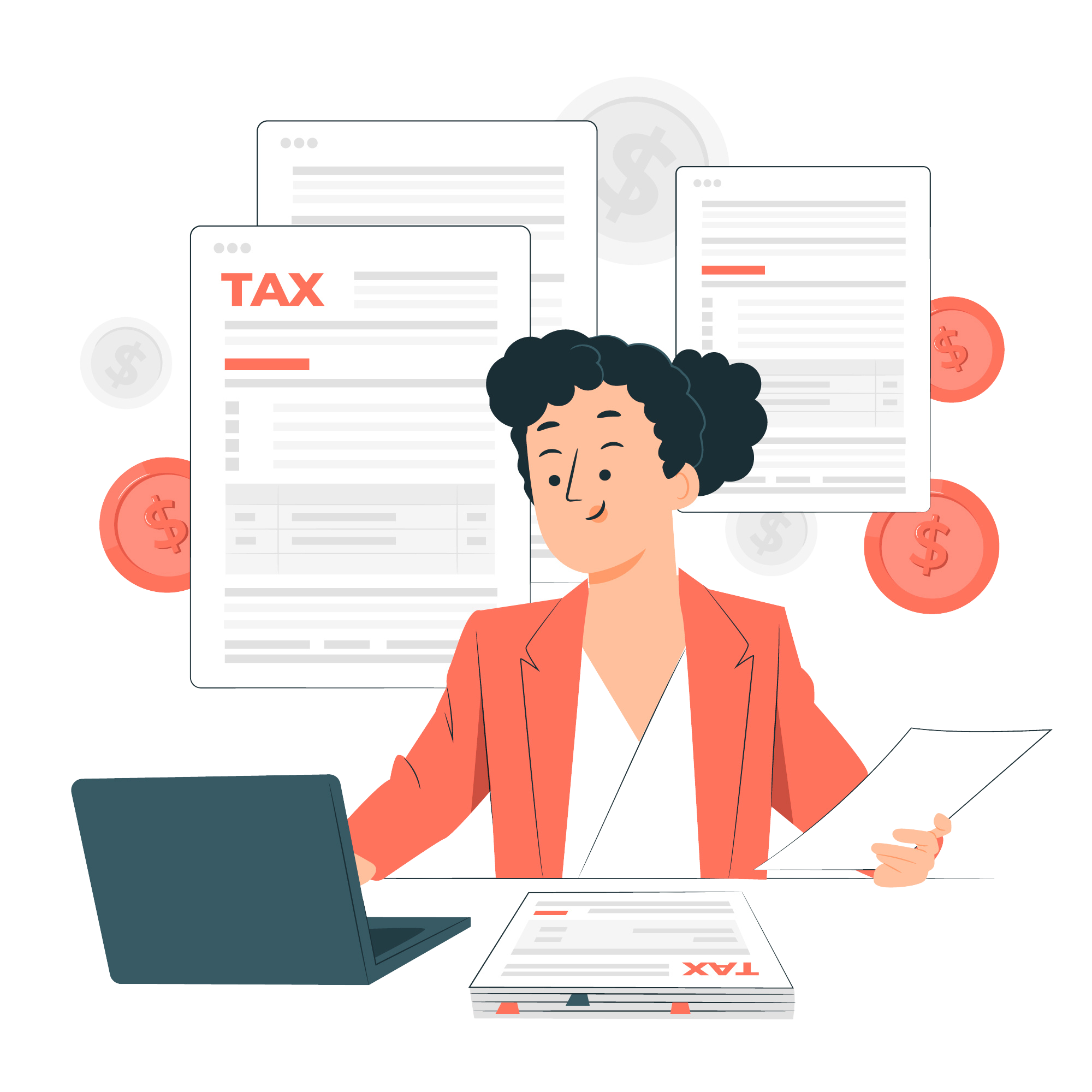 A cartoon woman doing tax filing.